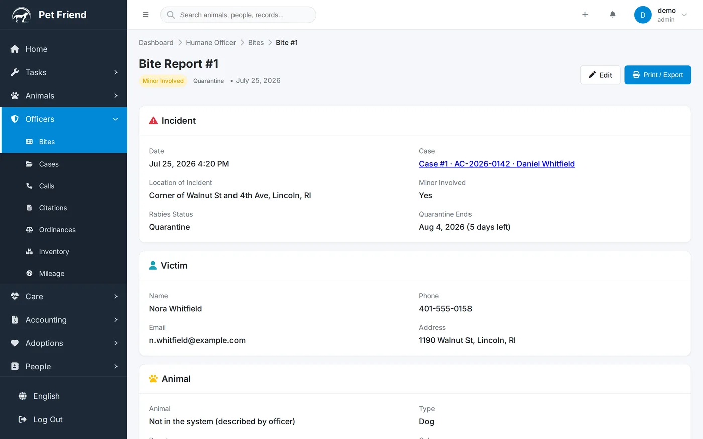 A Pet Friend bite report showing incident location, victim details, quarantine status and an animal described by the officer rather than taken from the shelter records