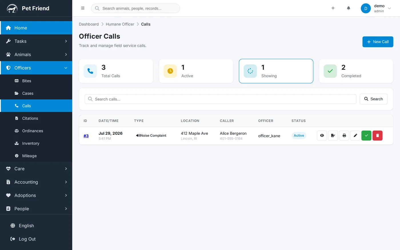 The Pet Friend calls list showing call type, location, caller, assigned officer and status