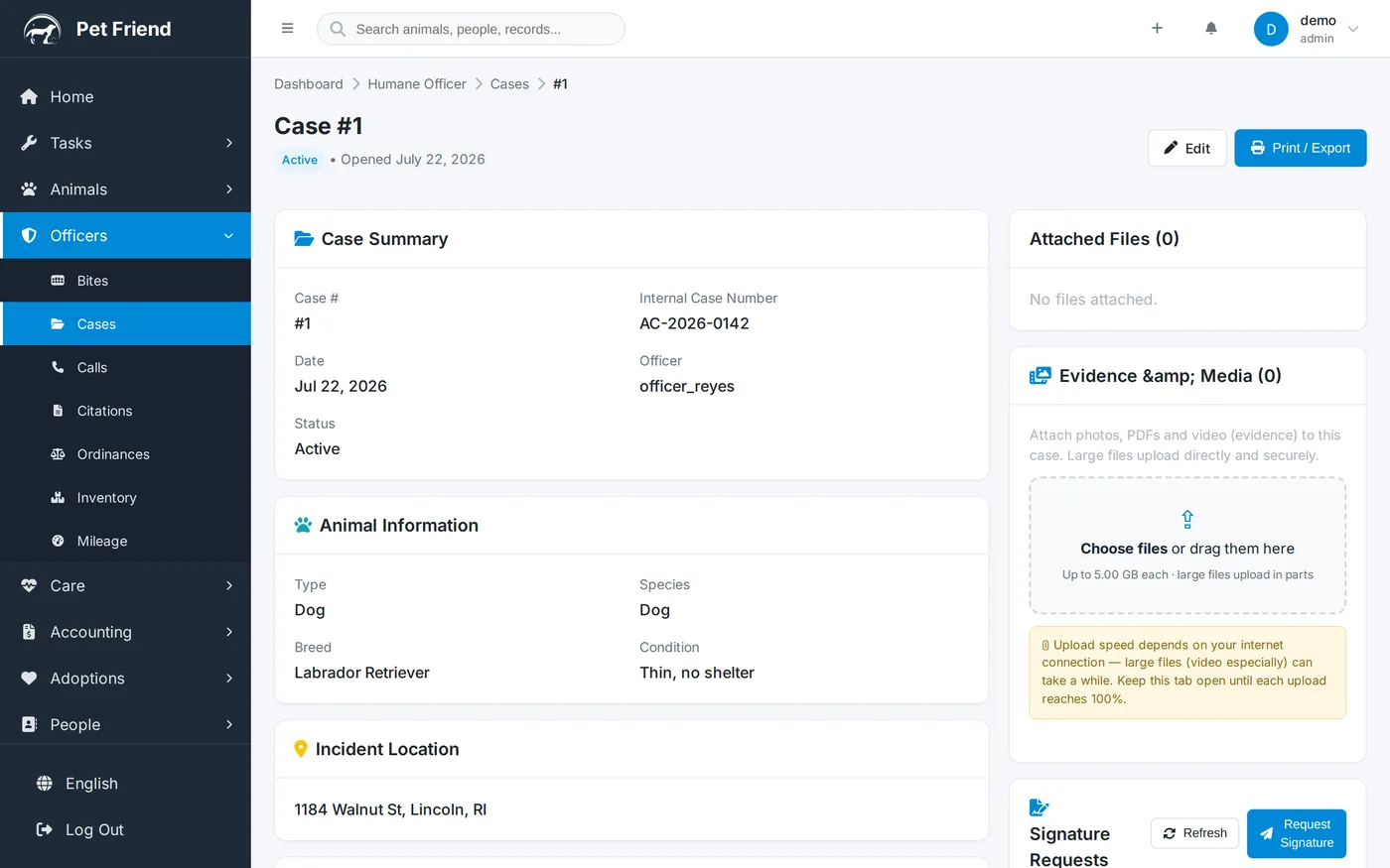 A Pet Friend case record showing its linked calls, citations and bite reports alongside evidence files