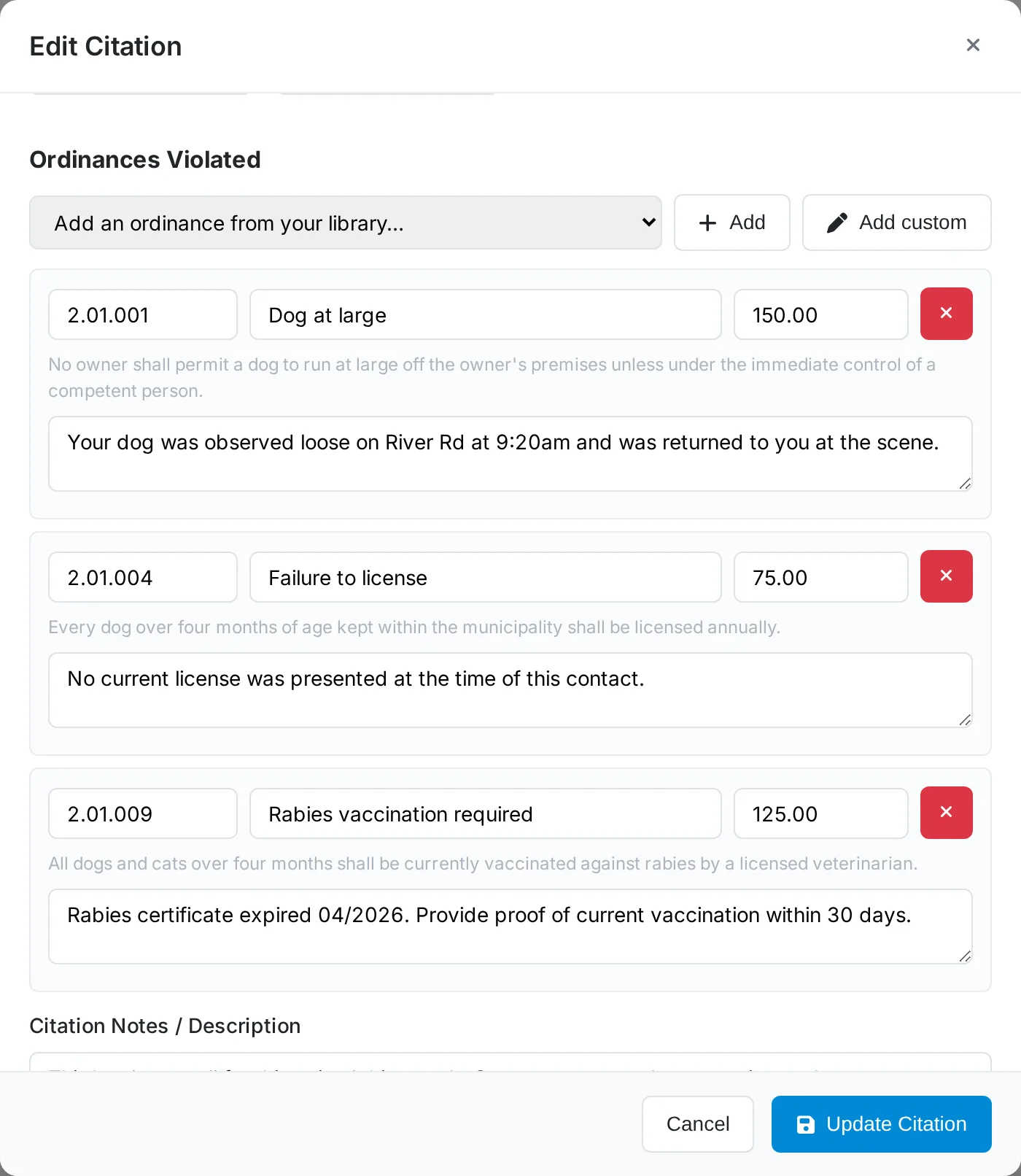 Issuing a citation in Pet Friend with three ordinances attached, each with its own fine and custom verbiage for that call
