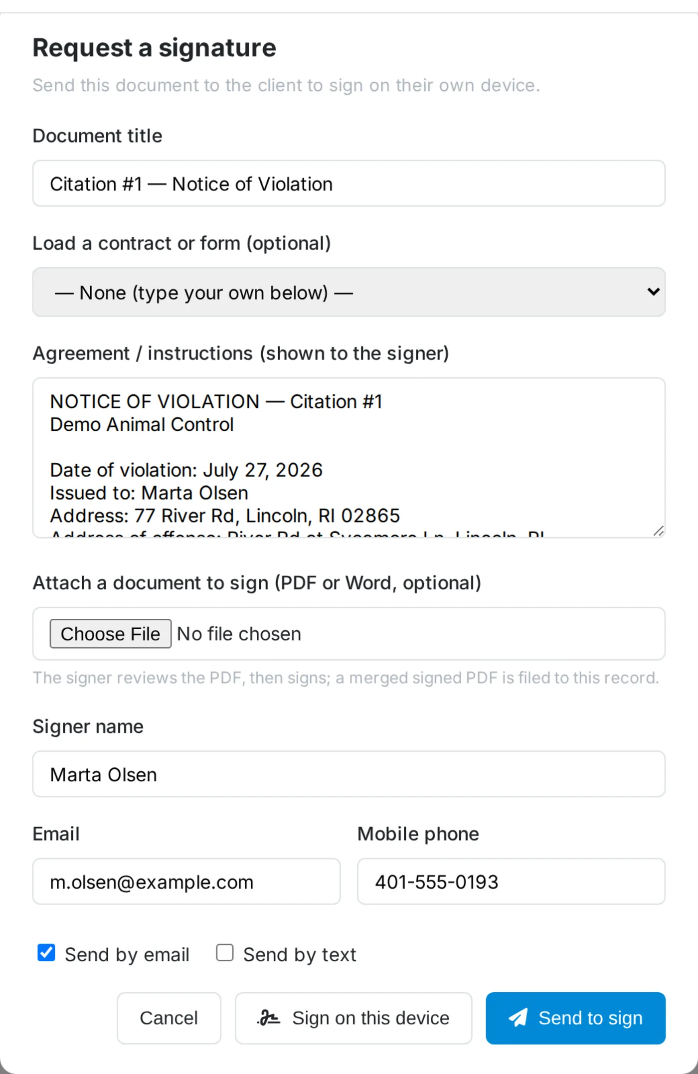 Pet Friend's signature request for a citation, pre-filled with the full notice of violation and the offender's email and mobile number