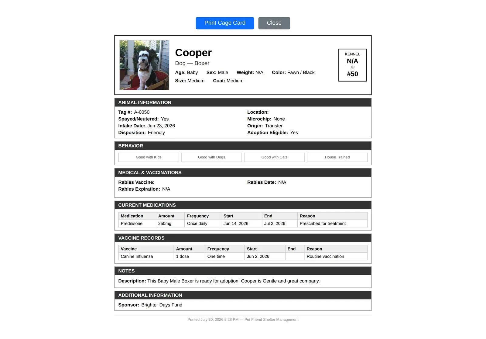 A printed Pet Friend cage card for a dog named Cooper showing a custom Sponsor field under Additional Information