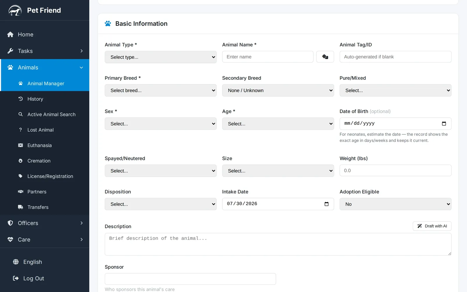 A custom Sponsor field appearing inside the Basic Information step of the Pet Friend intake form