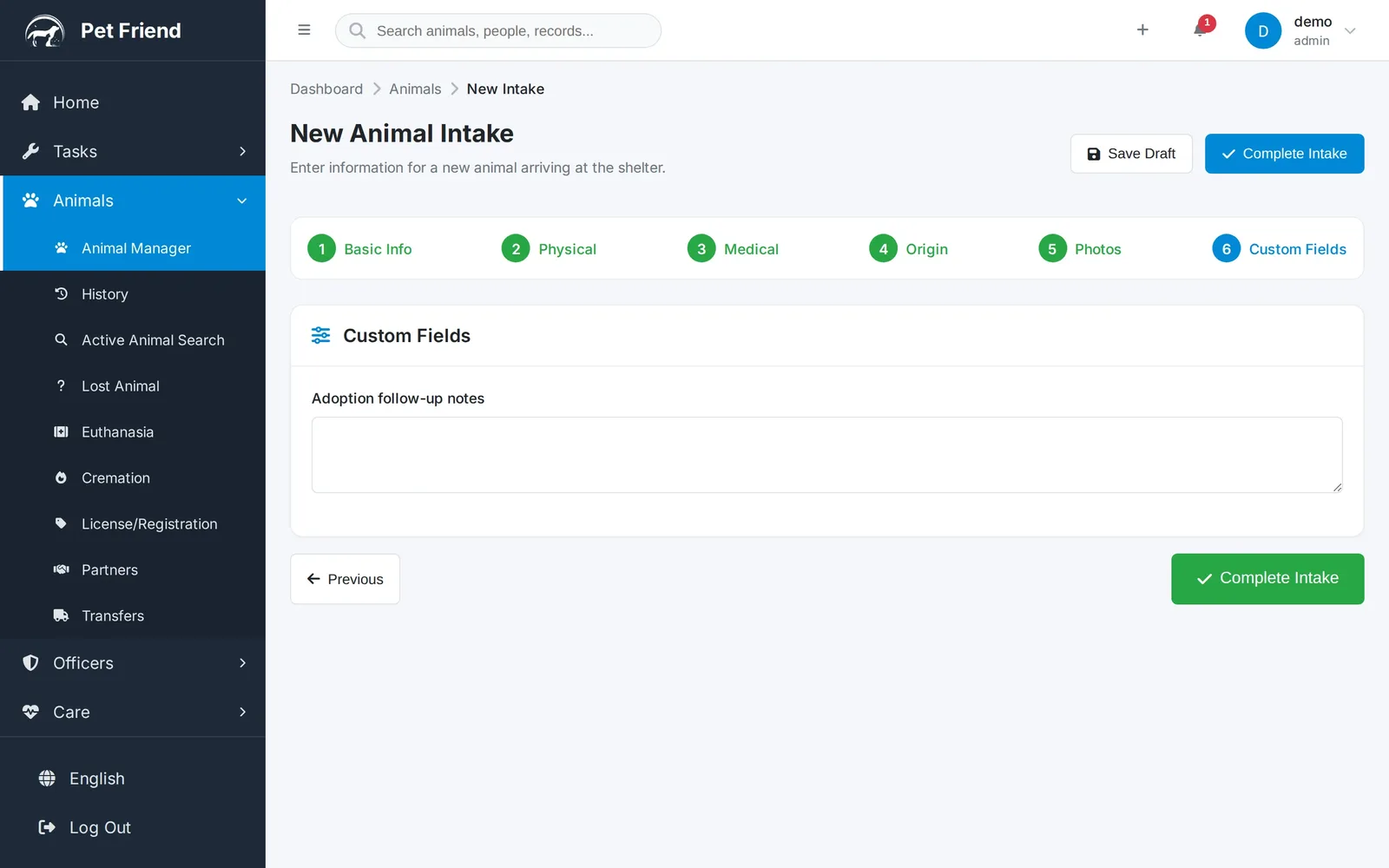 The intake wizard's Custom Fields step, holding unplaced custom fields at the end of the intake process