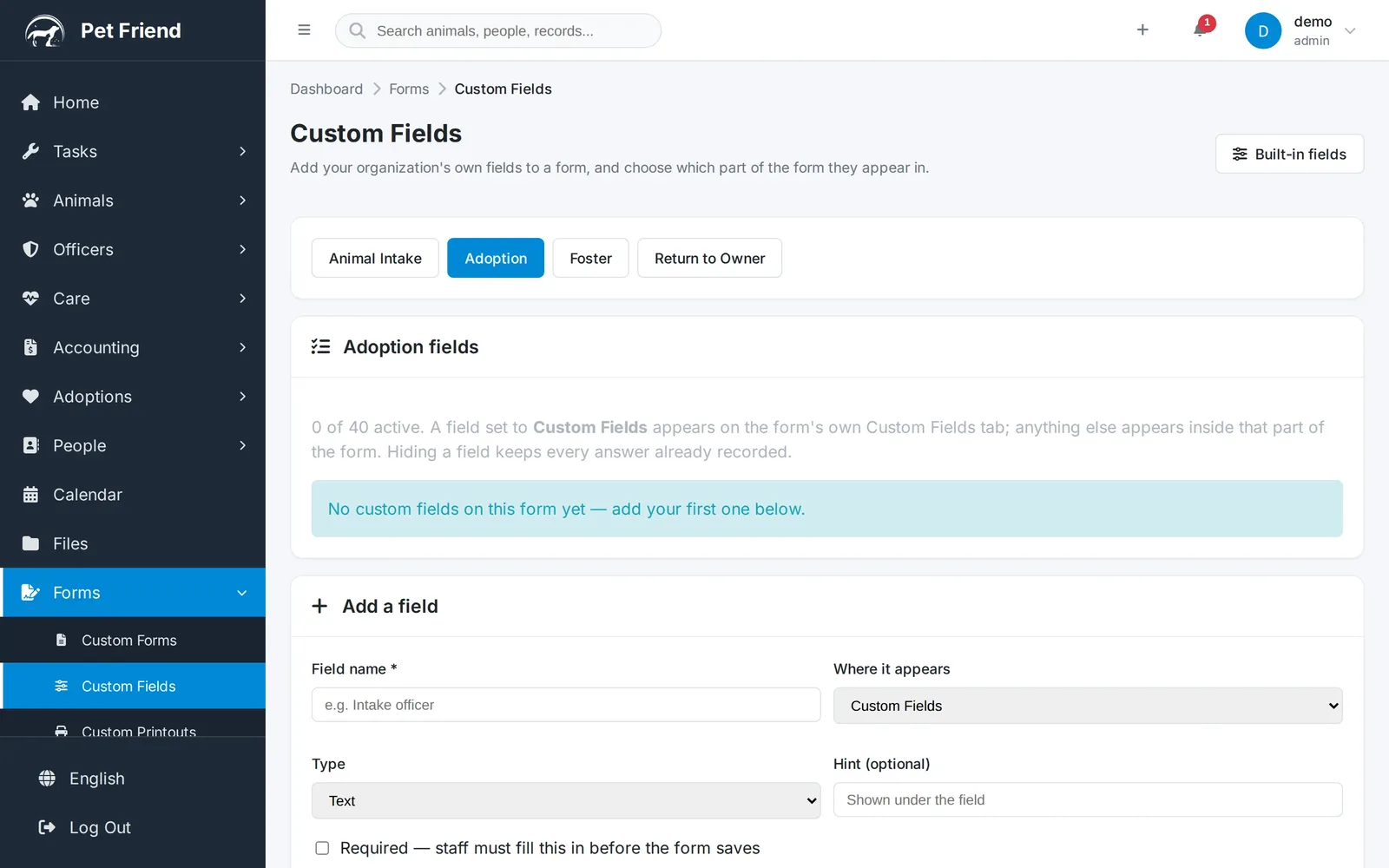 The Custom Fields manager on the Adoption tab, showing adoption fields are managed separately from intake