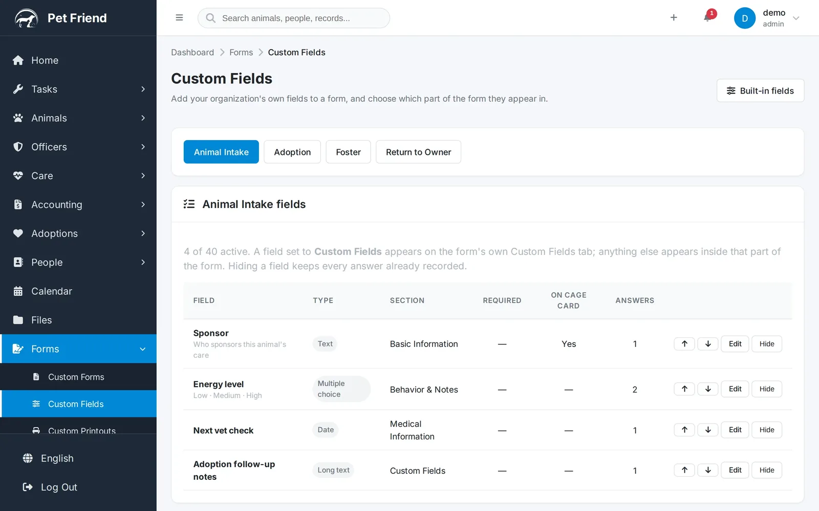 The Custom Fields manager in Pet Friend showing intake fields with their types, sections, and cage-card flags