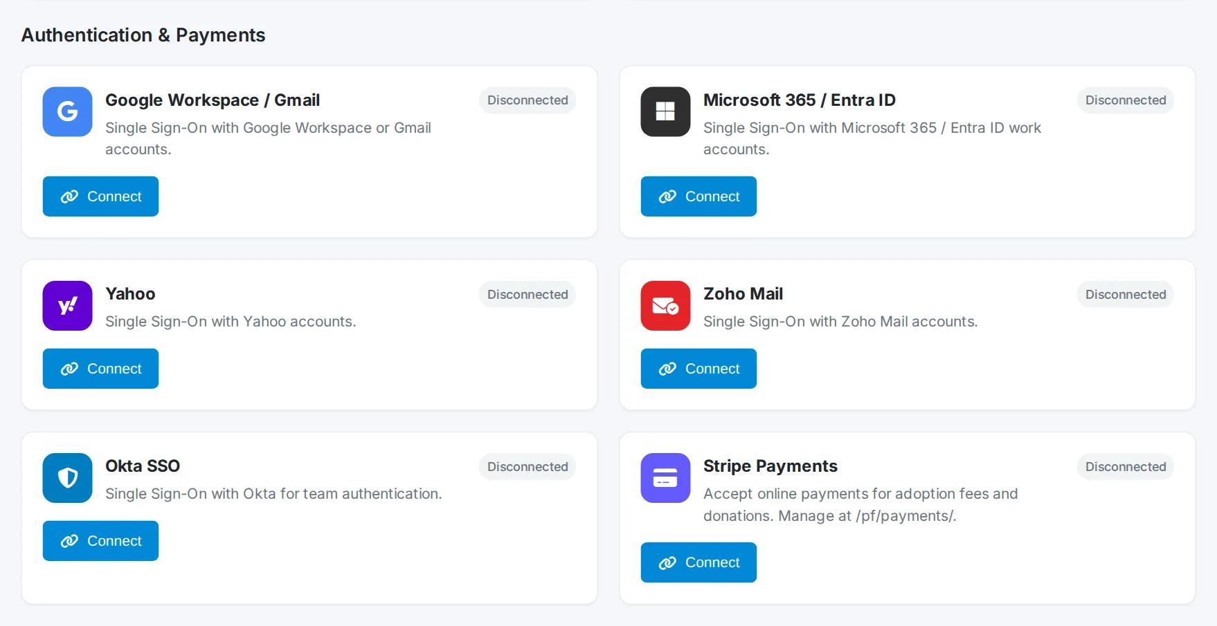 The Integrations page in Pet Friend showing Google Workspace, Microsoft 365, Yahoo, Zoho Mail, and Okta single sign-on cards