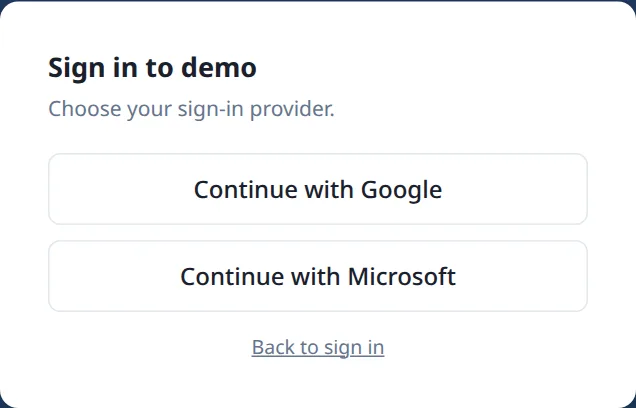 A provider chooser showing Continue with Google and Continue with Microsoft buttons